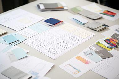 Skizzierte Verpackungskonzepte und Materialmuster auf einem Konferenztisch mit Notizen und Farbproben