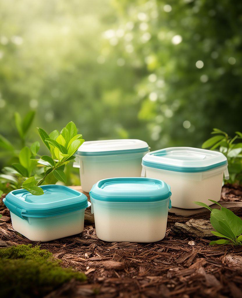 Sustainable food packaging containers arranged in a lush natural setting with soft daylight and fresh green leaves