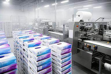 Sauber gestapelte Serienverpackungen laufen in einer modernen Produktionslinie für Lebensmittelverpackungen