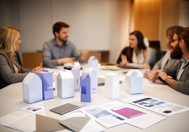Team besprecht ein neues Verpackungskonzept neben gedruckten Prototypen und Materialmustern in einem modernen Besprechungsraum