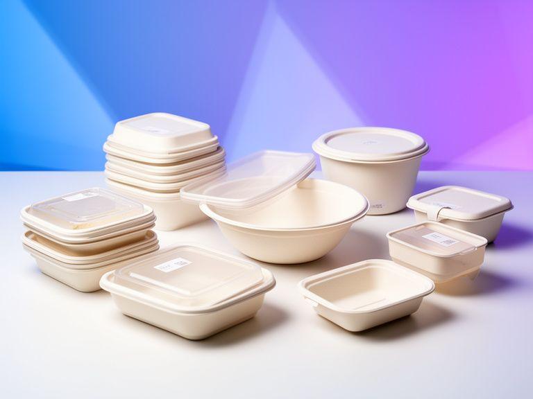 Sustainable food packaging assortment arranged on a bright studio table with lids, bowls and takeaway boxes