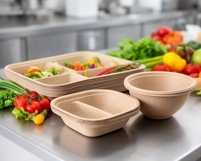 Bagasse meal trays and bowls displayed with fresh ingredients on a stainless catering counter
