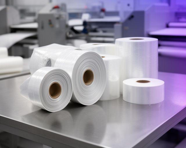 Special barrier film rolls on a clean industrial table in a packaging facility with controlled lighting