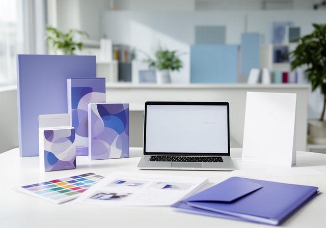Moderne Empfangsszene mit Verpackungsmustern, Laptop und Beratungsunterlagen in einem hellen Büro in Zürich