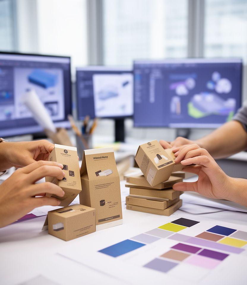 Designerinnen prüfen digitale Verpackungsmodelle neben bedruckten Prototypen in einem hellen Zürcher Entwicklungsstudio