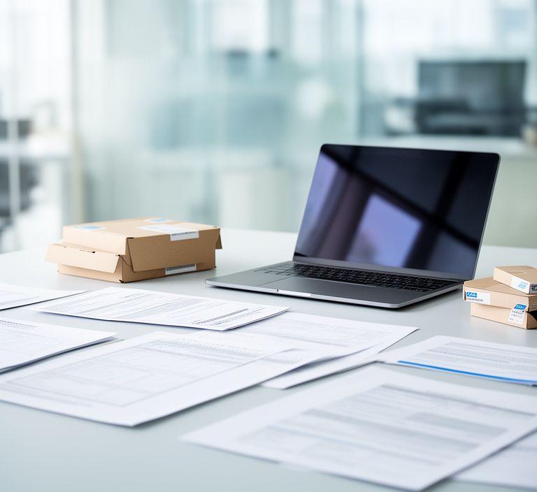 Modernes Büro mit Verpackungsmustern, Laptop und gedruckten Datenschutzunterlagen auf einem hellen Tisch in Zürich