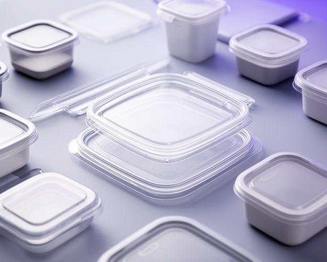 Transparent lids and food packaging accessories laid out beside matching containers in a product workspace