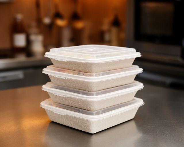 Stack of PLA takeaway boxes in a modern kitchen prep area with warm light and clean edges